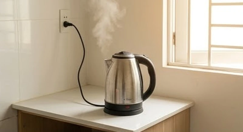 Văn khấn về phòng trọ mới: Bài cúng chuẩn và mâm lễ tối giản 2 Ấm nước siêu tốc đang sôi bốc hơi nóng trong không gian phòng trọ mới dọn dẹp