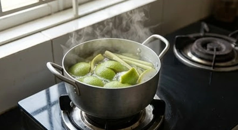 Đun nồi nước vỏ bưởi và sả tỏa khói nghi ngút để khử mùi khét trong bếp ngày mùng một