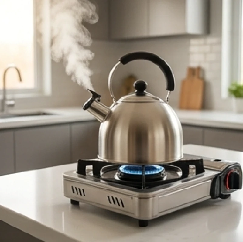Văn khấn nhập trạch lấy ngày: Bài cúng chuẩn và quy trình tượng trưng 4 Gia chủ đun sôi một ấm nước trên chiếc bếp gas mini đặt giữa gian bếp mới