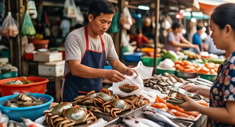 Người bán hàng mặc tạp dề đang thoăn thoắt đóng gói hải sản tươi cho khách