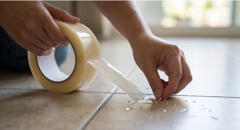 Bàn tay dùng cuộn băng dính bản to để dặm và hút sạch các mạt thủy tinh li ti trên sàn nhà
