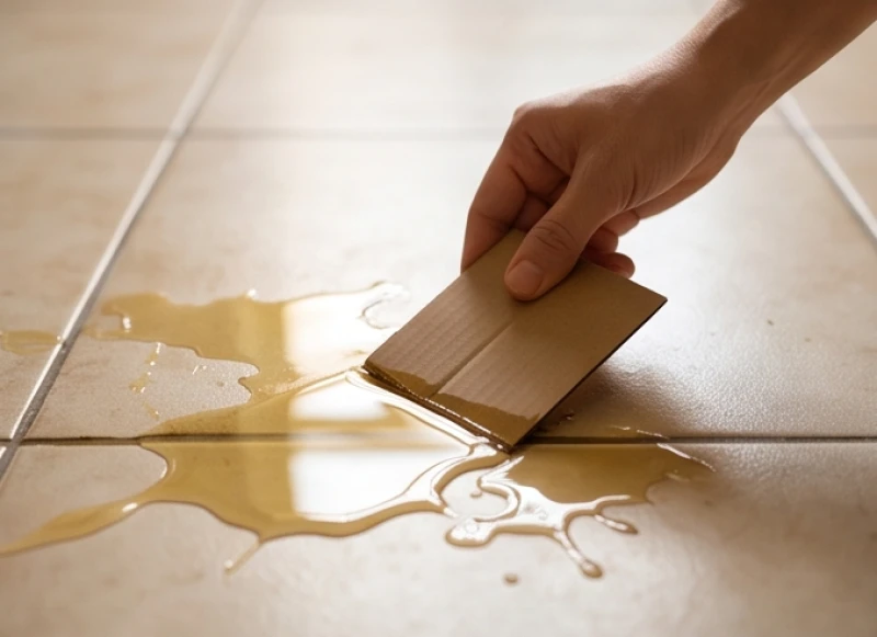 Một miếng bìa carton được dùng để gạt và thu gom lớp dầu ăn đọng thành vũng dày trên mặt sàn thành đống nhỏ