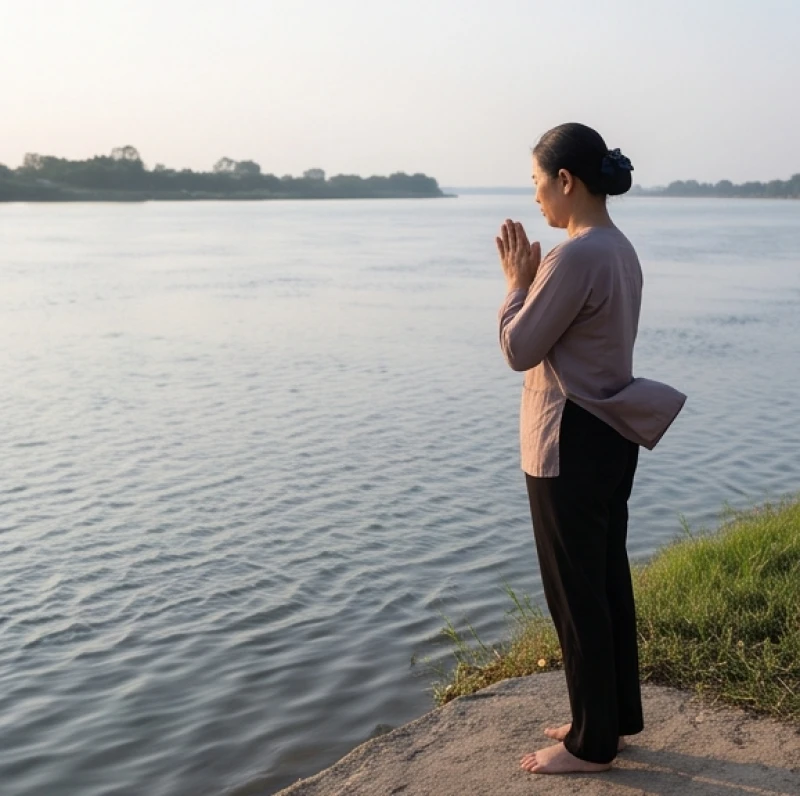 Gia chủ chắp tay nghiêm trang khấn nguyện ven bờ sông lộng gió