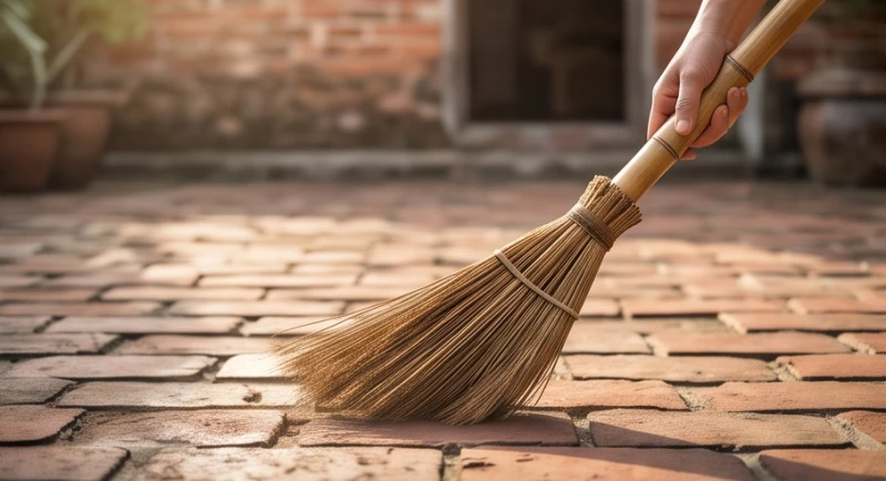 Bàn tay cầm chổi tre quét dọn sạch sẽ khoảng sân gạch rêu phong trong ánh nắng buổi sáng rực rỡ