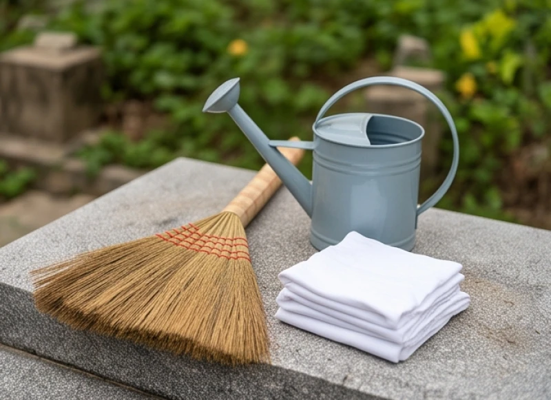 Văn khấn tảo mộ tiết Thanh Minh: 3 bài cúng chuẩn và giờ đẹp 3 Các dụng cụ dọn dẹp phần mộ bao gồm chổi nhỏ, bình tưới nước và bộ khăn lau sạch sẽ được xếp gọn gàng