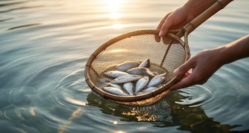 Người dùng chiếc vợt lưới tre cẩn thận vớt những chú cá nhỏ bơi lội tung tăng dưới dòng nước trong vắt