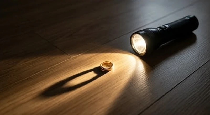 Ánh sáng đèn pin chiếu sát mặt sàn gỗ tạo ra vệt bóng đổ dài của chiếc nhẫn kim loại