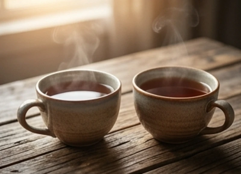 Hai tách trà nóng đặt cạnh nhau trên bàn gỗ mộc mạc biểu thị sự tĩnh tâm thấu hiểu