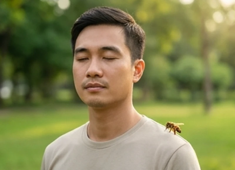 Người đàn ông đứng bất động nhắm hờ mắt để chú ong tự do đậu trên vai mà không hề xua đuổi