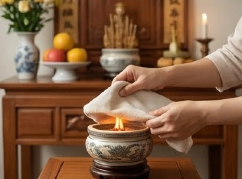 Thao tác dùng chiếc khăn vải ẩm trùm kín lên bát hương đang cháy để ngắt oxy và dập tắt ngọn lửa an toàn