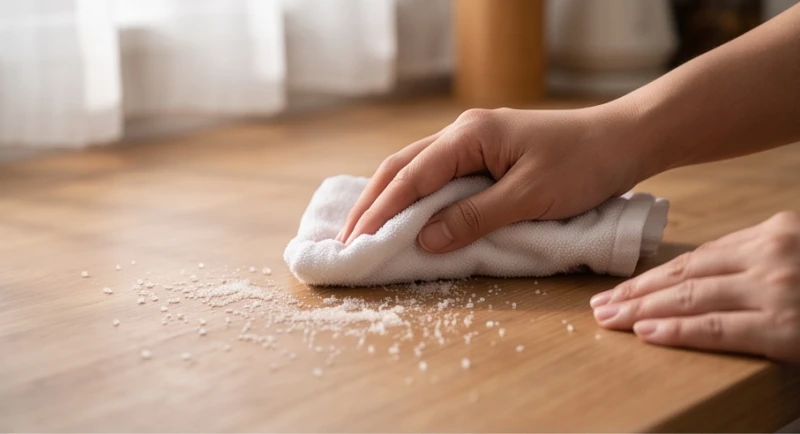 Dùng khăn vải hơi ẩm nhẹ nhàng gom gọn đống muối bị đổ trên mặt bàn