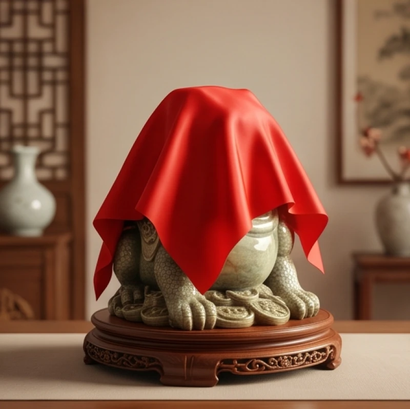 Bức tượng phong thủy vừa được thỉnh về, phần đầu và mắt đang được che kín bằng một dải vải lụa đỏ sạch sẽ