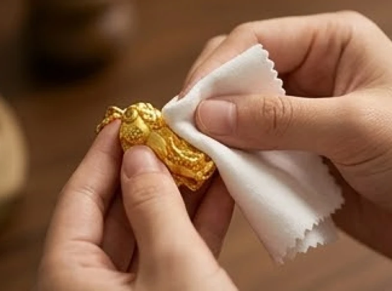 Tỳ Hưu phong thủy tuổi Tỵ: Bảng màu nạp âm và cách khai quang 8 Một người đang cẩn thận dùng chiếc khăn bông mềm mại lau nhẹ phần mắt của mặt dây chuyền tỳ hưu