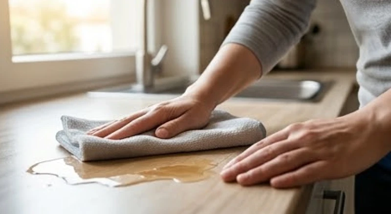 Áp phẳng chiếc khăn vải microfiber lên bề mặt vũng nước đổ để hút cạn chất lỏng