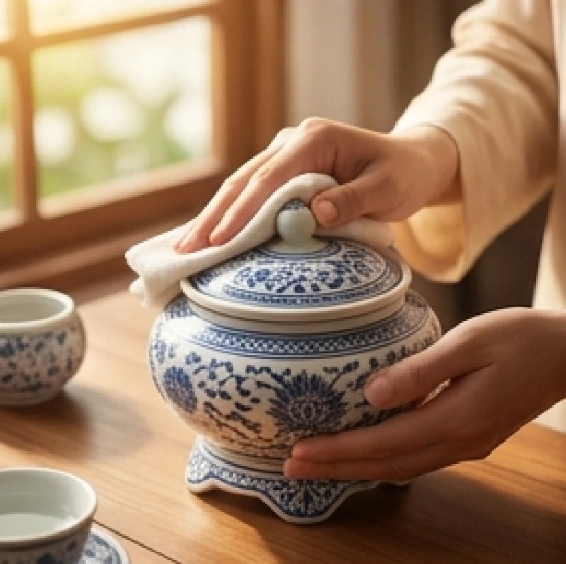 Đôi bàn tay cẩn thận dùng chiếc khăn sạch mềm mại lau khô từng họa tiết trên chiếc bát hương gốm sứ mới