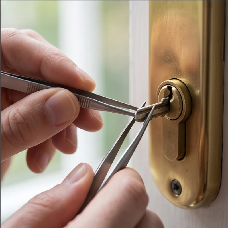 Một đôi tay đang cẩn thận dùng nhíp y tế để gắp phần chìa khóa bị gãy kẹt trong ổ