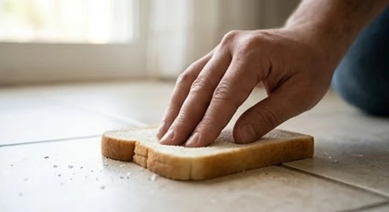 Lát bánh mì sandwich xốp mềm được ấn dứt khoát xuống mặt gạch để thấm hút các mảnh vụn thủy tinh li ti.