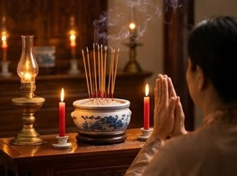 Văn khấn giao thừa trong nhà: Bài cúng chuẩn và quy tắc hành lễ 5 Người chủ lễ đứng trang nghiêm chắp tay trực diện trước bát hương ban thờ gia đình trong đêm 30 Tết