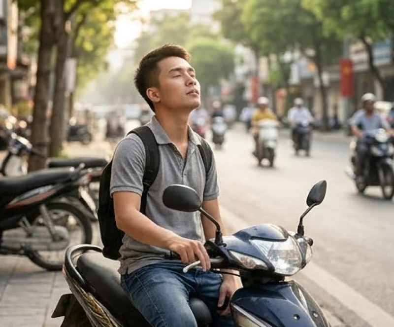 Ra khỏi nhà gặp xe tang là điềm gì: Mẹo xả vía & số may mắn 2 Người thanh niên tấp xe máy sát lề đường và hít thở sâu để lấy lại bình tĩnh trước khi đi tiếp