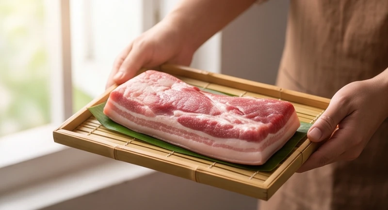 Hai tay trân trọng nhận tảng thịt lợn tươi ngon từ người khác mang ý nghĩa quý nhân phù trợ lúc khó khăn