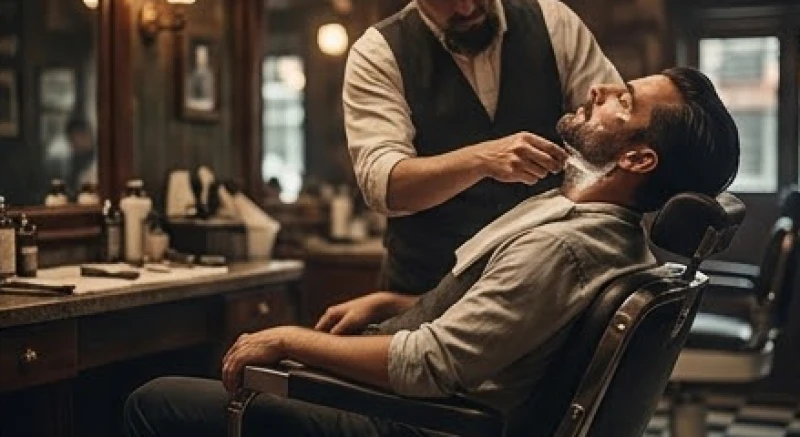 Một người đàn ông đang ngồi ngả lưng trên ghế cắt tóc cổ điển và được thợ cạo râu chăm sóc cẩn thận