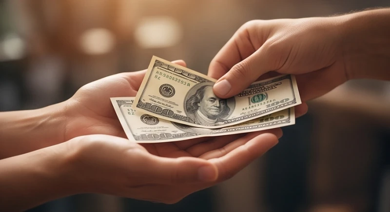 Đôi bàn tay đón nhận những tờ tiền đô la Mỹ từ một người giấu mặt, minh họa điềm báo có quý nhân phù trợ