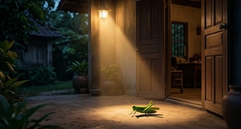 Vệt sáng ấm áp từ chiếc đèn pin rọi thẳng ra hướng cửa mở để dẫn đường cho châu chấu nhảy ra khỏi nhà
