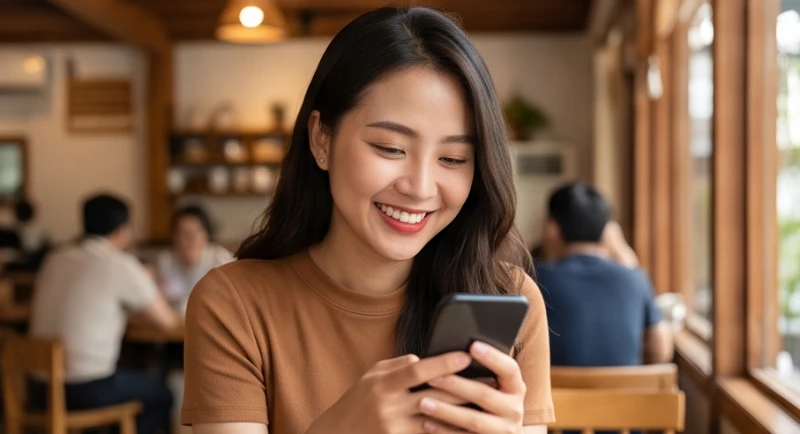 Cô gái trẻ mỉm cười hạnh phúc khi nhận được tin nhắn lãng mạn trên điện thoại di động