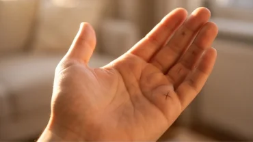 Lòng bàn tay mở rộng dưới ánh sáng tự nhiên cho thấy rõ đường chỉ tay có nhiều dấu cắt nhỏ