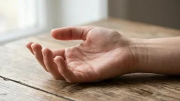 Bàn tay người phụ nữ khum nhẹ dưới ánh sáng tự nhiên để quan sát rõ đường chỉ tay con cái ở mép ngón út
