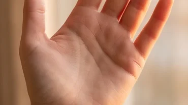 Bàn tay phụ nữ dưới ánh sáng ấm áp hiển thị rõ đường chỉ tay hôn nhân ở gò Thủy Tinh