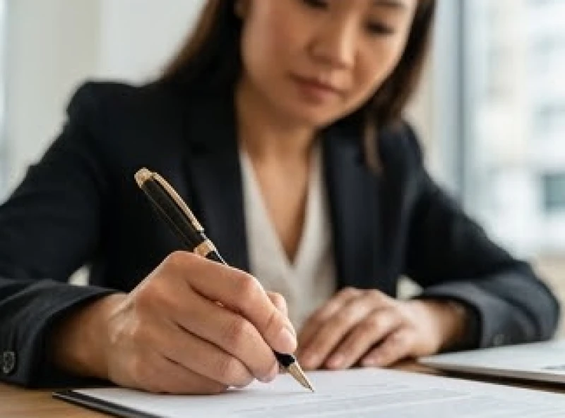 Bàn tay nữ doanh nhân đang cầm bút ký kết phản ánh đường chỉ tay kinh doanh