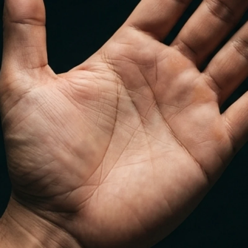 Bàn tay nam giới có các đường chỉ tay mờ nhạt mỏng manh dưới ánh sáng đèn chiếu hắt