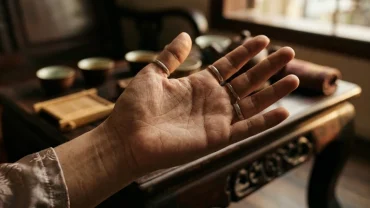 Cận cảnh bàn tay người Việt đang xòe rộng để kiểm tra đường chỉ tay sinh mệnh ngắn dưới ánh sáng tự nhiên