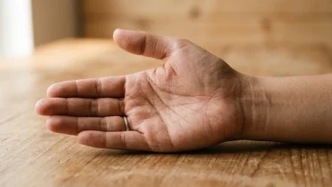 Cận cảnh lòng bàn tay của một người Việt Nam với đường chỉ tay sự nghiệp chạy dọc rõ nét hướng lên ngón giữa