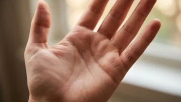Bàn tay mở rộng cho thấy đường chỉ tay tiền tài sắc nét ở gốc ngón út