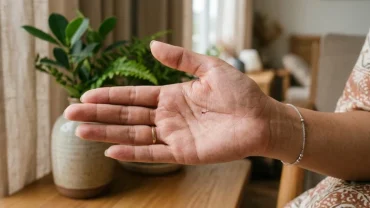 Cận cảnh lòng bàn tay có đường chỉ tay tình duyên bị đứt đoạn rõ nét mang ý nghĩa nhân tướng học