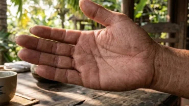 Cận cảnh lòng bàn tay có đường chỉ tay tình duyên dây xích thể hiện nội tâm nhạy cảm