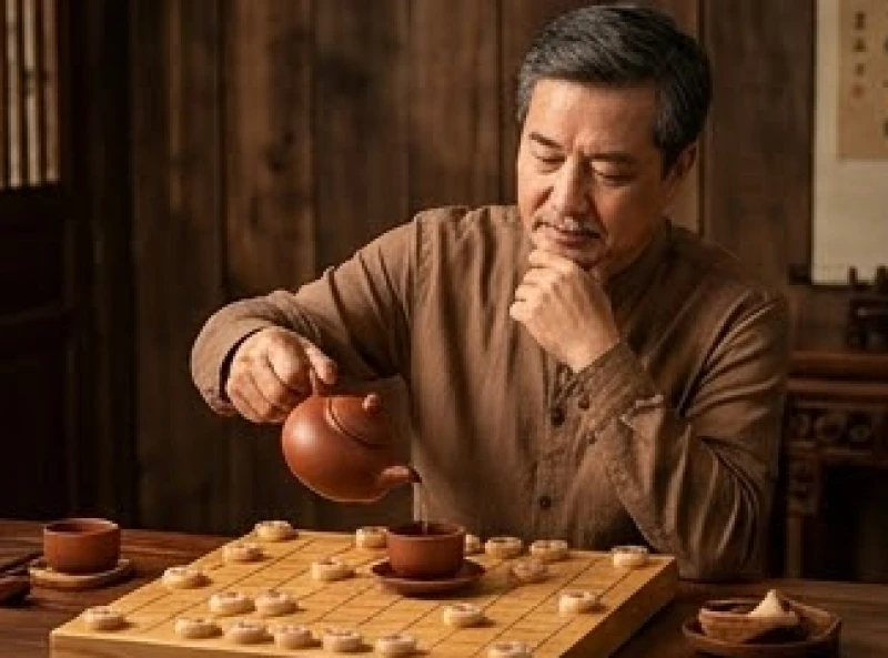 Tử Vi Tuổi Dần Trọn Đời: Đối Chiếu Nam Nữ & Phong Thủy Cải Vận 5 Người đàn ông trung niên đang trầm ngâm rót trà cạnh bàn cờ tướng bằng gỗ trắc