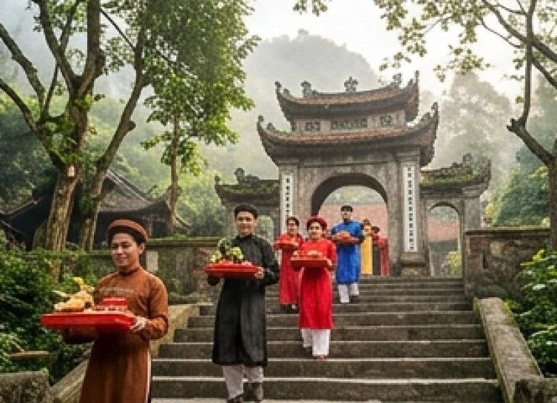 Dòng người nối đuôi nhau mang theo mâm lễ đi bộ lên các bậc đá dẫn vào cổng đền
