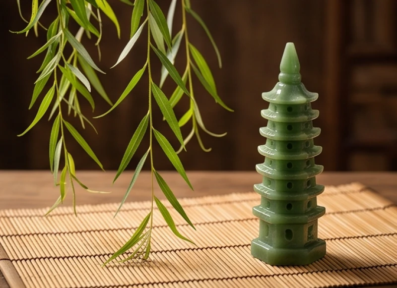 Cành lá liễu mềm mại được đặt bên cạnh tháp văn xương bằng ngọc bích tuyệt đẹp