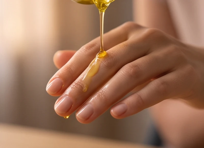 Bàn tay đang được massage bằng vài giọt dầu oliu nguyên chất giúp cấp ẩm và phục hồi độ đàn hồi cho lớp sừng keratin