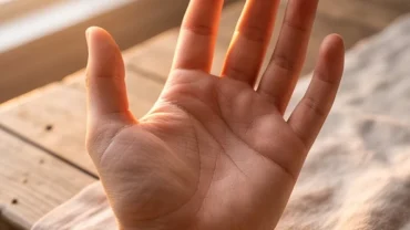 Cận cảnh lòng bàn tay trái hiện rõ đường sinh mệnh đôi ở tay trái tượng trưng cho sinh lực dồi dào