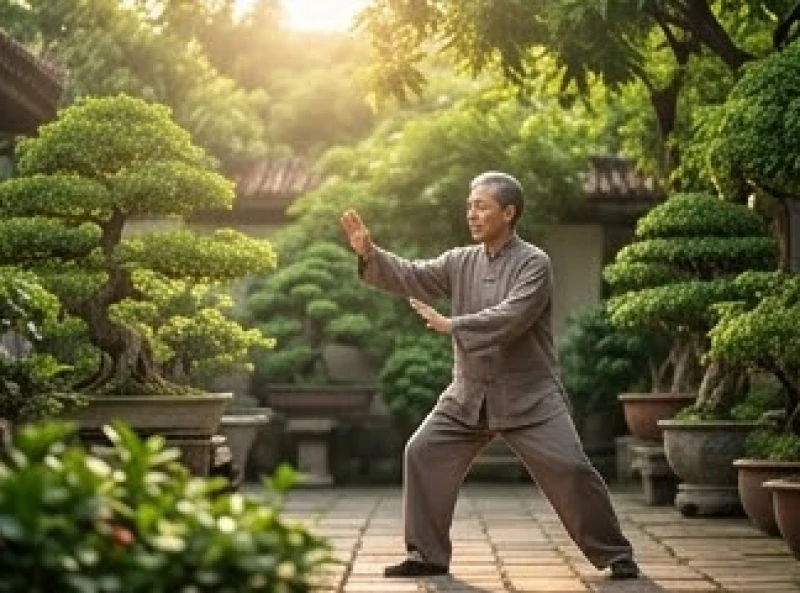 Người cao tuổi tập dưỡng sinh nhẹ nhàng trong sân vườn để cải thiện sức khỏe