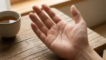 Bàn tay mở rộng hiển thị rõ đường sự nghiệp bị đứt đoạn chi tiết dưới ánh sáng tự nhiên ấm áp