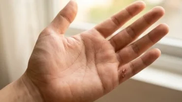Lòng bàn tay mở rộng hiển thị rõ các nếp gấp của đường sức khỏe hình dây xích dưới ngón út