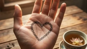 Lòng bàn tay với đường tâm đạo hình dây xích rõ nét dưới ánh sáng tự nhiên ấm áp