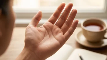 Bàn tay nữ giới mở rộng dưới ánh sáng tự nhiên lộ rõ đường tình duyên có đảo mang nhiều ý nghĩa nhân tướng học