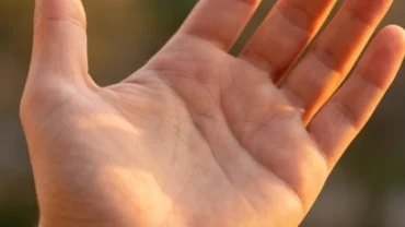 Lòng bàn tay mở rộng hiển thị rõ nếp chỉ tay đường tình duyên mờ dưới ánh sáng hoàng hôn ấm áp