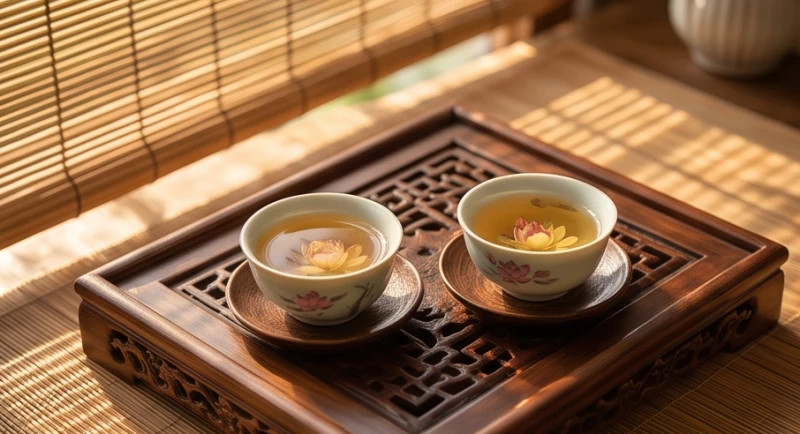 Hai tách trà hoa sen trên bàn gỗ nhỏ thể hiện sự thấu hiểu và nhẫn nhịn trong tình duyên
